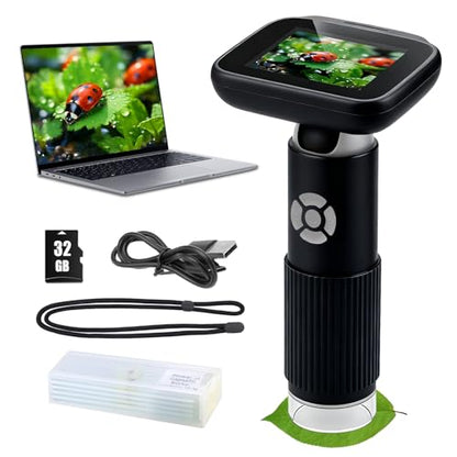 Microscope for Kids with 32GB Card, Adjustable 2.4inch IPS LCD Screen 5 Slides 1000X 1080P Digital Handheld Kids Microscope, Mini Portable Pocket Miniscope Science Toys Gifts for Boys Girls Aged 3-12 - color: Black
