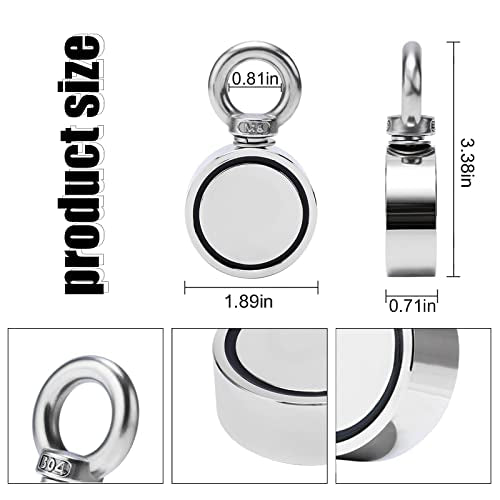 Double Sided Neodymium Magnet Fishing Kit with 480lbs Strength and Eyebolt for River Lake Hunting Indoor Outdoor (1.8in Dia) - style: LNM48-3