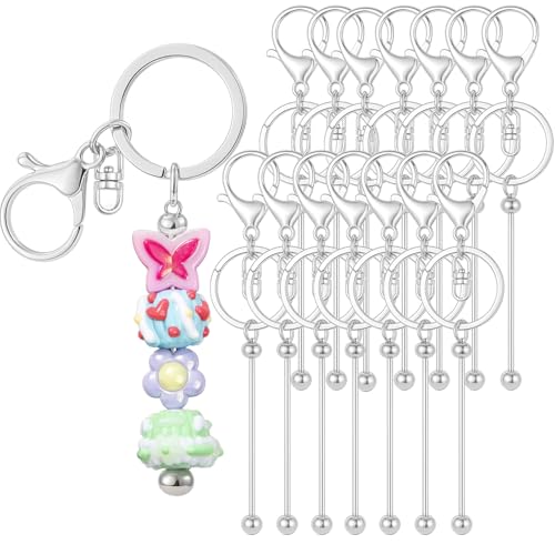 RQAYE 15Pcs Beadable Keychains Bulk Kit Cute Beadable Keychains Bar for Beads DIY Keychain Making Supplies for Women Man Crafts, Jewelry, bag Charms, Custom Projects Gift (Silver) - color: Silver