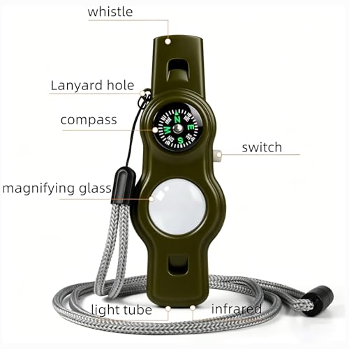 Emergency Survival Safety Whistle，Whistle for Kids with Lanyard,Compass,Thermometer,Ideal for Kayaking, Boating, Hiking, Camping, Climbing - color: Army Green Whistle 2
