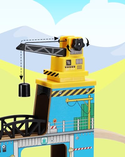 SainSmart Jr. Wooden Train Set Accessories, Magnetic Rotary Crane Set with Track for Kids Compatible with Thomas, Brio, Chuggington, Melissa and Doug - style: Rotary Crane