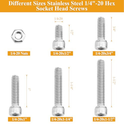 57 Pieces 1/4-20 x 1/2", 3/4", 1", 1-1/4", 1-1/2", Hex Socket Head Cap Screws Nuts Assortment Kit - size: 1/4"-20, style: Socket Head