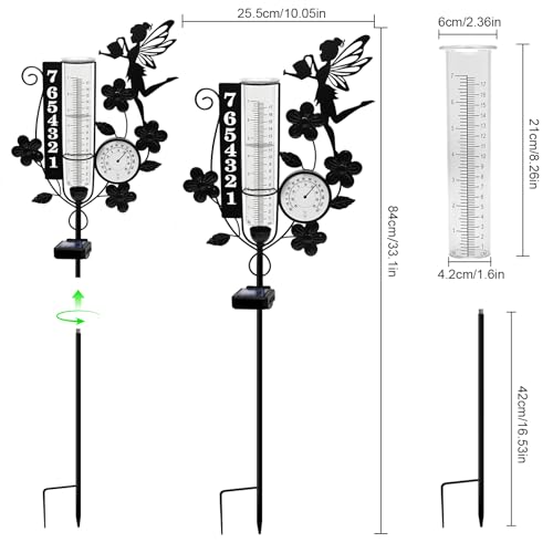 Metal Fairy Number Solar Rain Gauge Outdoor with LED Light and Thermometer - color: Fairy