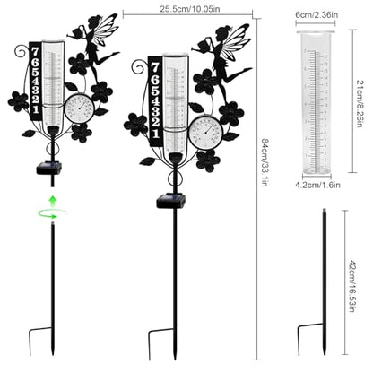 Metal Fairy Number Solar Rain Gauge Outdoor with LED Light and Thermometer - color: Fairy