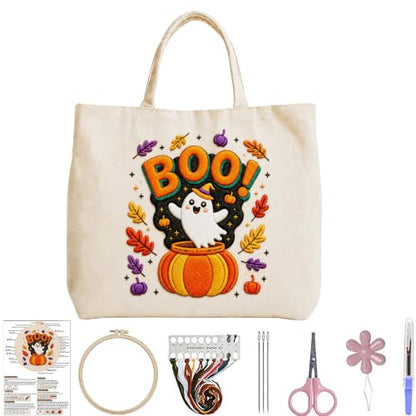ARTopet Embroidery Tote Bag Kit for Beginners Halloween Canvas Cross Stitch Handbag with Hoops Needles Threads Reusable Grocery Bag for Women-Ghost Pumpkin - color: Ghost Pumpkin