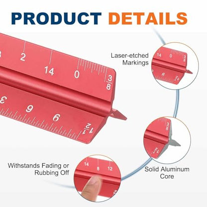 HARFINGTON Architectural Scale Ruler, 12 Inch Standard Aluminum Alloy Architect Triangular Small Scale Laser-Etched Blueprint Drafting Ruler for Architects Engineers, Red - color: Red, size: 12 Inch