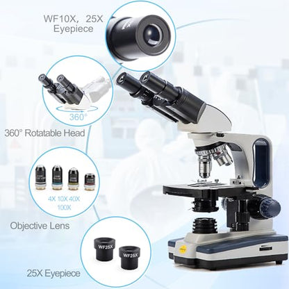 Swift Digital Binocular Compound Microscope 40X-2500X, with 5MP USB Camera, Two-Layer Mechanical Stage and Software Windows and Mac Compatible and Slides,Siedentopf Head,Research-Grade - style: SW350B+5MP Camera