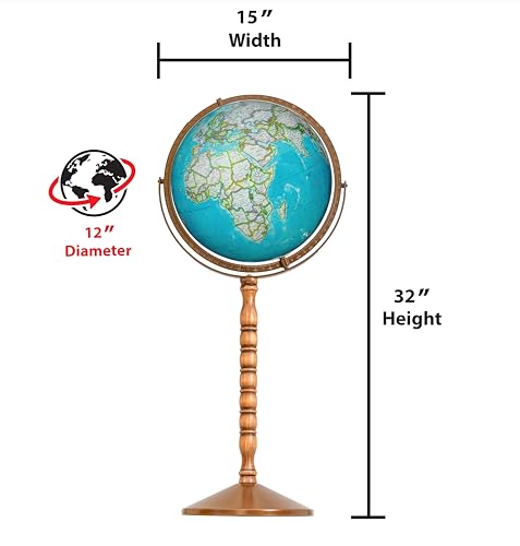 Treasury 12" Diameter Blue Illuminated Globe, USA Cartography, Convertible to Desktop with Sturdy Metal Base and Hand Turned Hard Wood Stand.This economical 12” floor model stands 32” high on a durable metal base and attractive wooden pedestal. Easily con