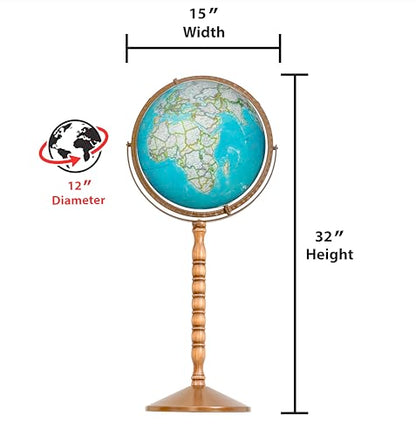 Treasury 12" Diameter Blue Illuminated Globe, USA Cartography, Convertible to Desktop with Sturdy Metal Base and Hand Turned Hard Wood Stand.This economical 12” floor model stands 32” high on a durable metal base and attractive wooden pedestal. Easily con