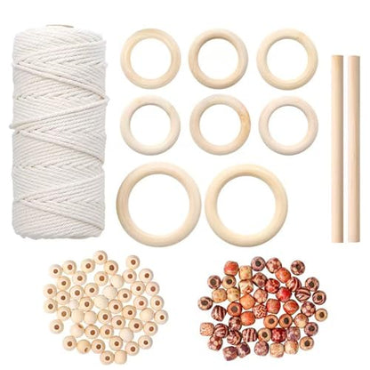 111PCS Macrame Plant Hanger DIY Knitting Kit – 109Yd 3mm Cotton Cord, 8PCS Wood Rings 100PCS Beads 2PCS Sticks, Craft Set Ideal for Macrame Starter Kit