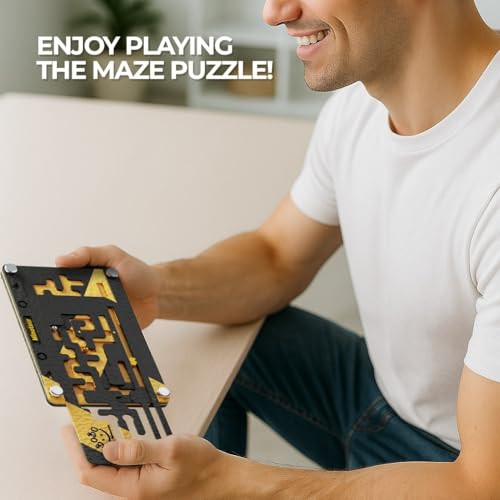 Wooden Labyrinth Board Game – 2-in-1 Double-Sided Marble Maze with 2 Balls & Movable Panels | Brain Teaser Puzzle Challenge for Adults - color: Black With Gold