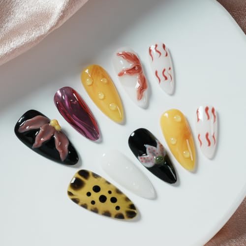 Tesytto 3D Flower Press on Nails Almond - Handmade Multicolor Design with Dewy Water Droplets, Luxury Salon Quality Reusable Fake Nails (Bold Bloom & Dot Glam, S) - color: Bold Bloom & Dot Glam, size: S