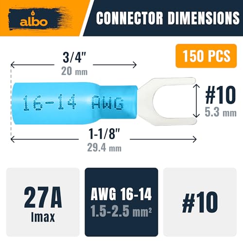 ALBO Heat Shrink Crimp Connectors (Fork 150pcs Blue #10 AWG 16-14) - color: Fork 150pcs Blue #10 AWG 16-14