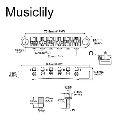 Musiclily Pro BM001 52mm Tune-O-Matic Bridge Roller Saddles Set Gold - color: Gold