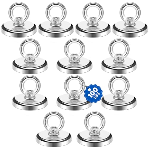 MIKEDE Strong Neodymium Fishing Magnets 12 Pack 100 lbs Pulling - size: 1.26"(32 mm)-100lbs