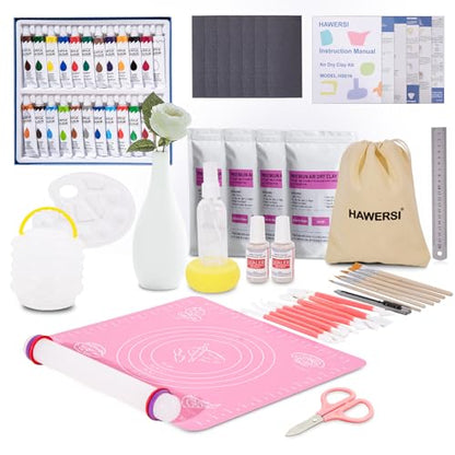 HAWERSI Air Dry Clay Kit for Adults,66 Pcs Beginners Pottery Kit Includes 4.4Lbs Air Dry Clay,Tools, Paints,Brushes,Gloss Varnish,Sand Papers,Non-Stick Rolling Pin,Storage Bag,Christmas Gift