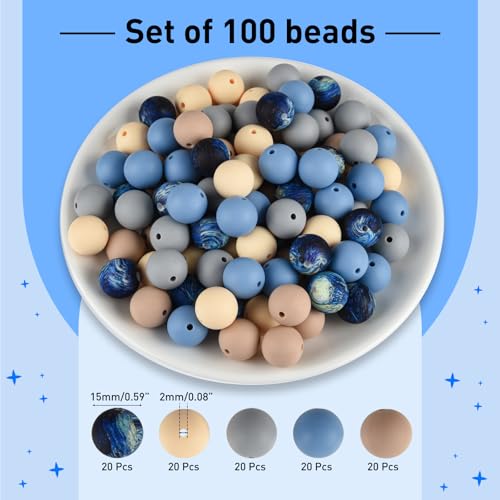 ASTARON 100 Pcs 15mm Starry Blue Silicone Beads for Keychain Making Crafts - color: Light-yellow Blue Grey