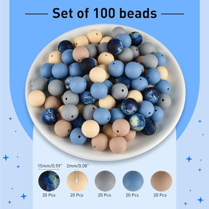 ASTARON 100 Pcs 15mm Starry Blue Silicone Beads for Keychain Making Crafts - color: Light-yellow Blue Grey