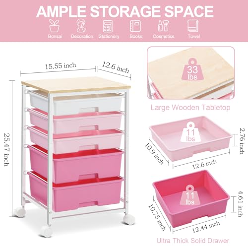 SYKIARIOL Utility Cart with Drawers,5 Drawers Storage Cart,Rose Pink - color: Rose Pink