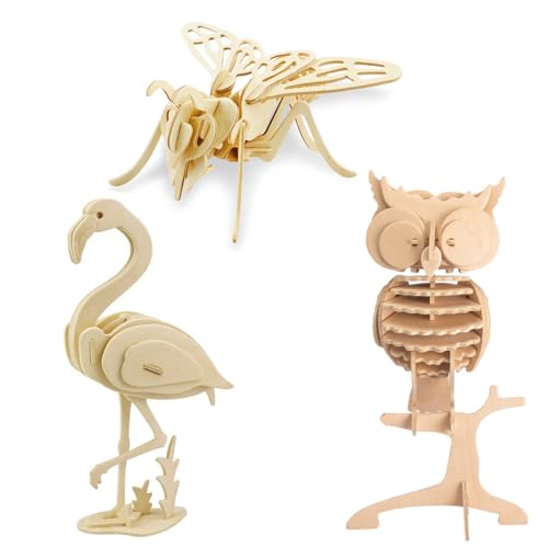 Georgie Porgy 3D Wooden Puzzles for Kids Toys Construction Woodcraft Kits DIY Model Puzzle Kits Birthday Gifts Pack of 3 (Bee Flamingo Owl) - color: Bee Flamingo Owl