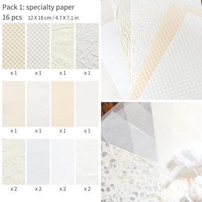 Mayplous 2 Packs Beige Aesthetic Textured Scrapbook Paper Set, Decorative Mesh Fabric & Mixed Material Sheets for Junk Journal, Planner, Collage, Card Making & Gift Wrapping (Simple)