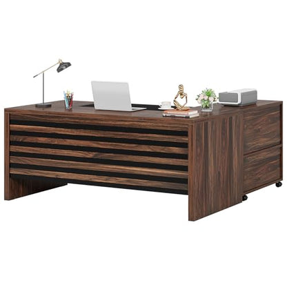 Tribesigns 62.2" L-Shaped Executive Desk with Mobile File Cabinet - color: Dark Brown and Black