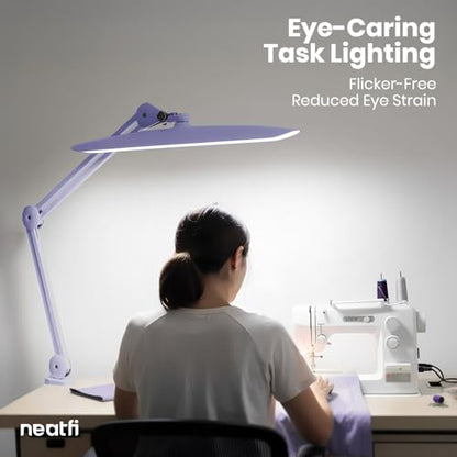 Neatfi XL 2200 Lumens 24W LED Desk Lamp – Shadow-Free Task Lighting | 4-Level Dimming | Home Office & Crafts Use | 20-Inch Wide Head (Lavender, Non-CCT with Clamp) - color: Lavender, size: Non-CCT with Clamp