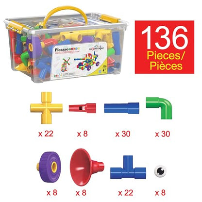 PicassoTiles PTT136 136pcs Tubular Pipes & Spout STEAM Interlocking Educational Building Block Set, Tube Locks, Pipeworks Construction Blocks w/Storage Container Box, Idea Book, Flute Musical Kit - color: 136pcs Tubular Pipes & Spout