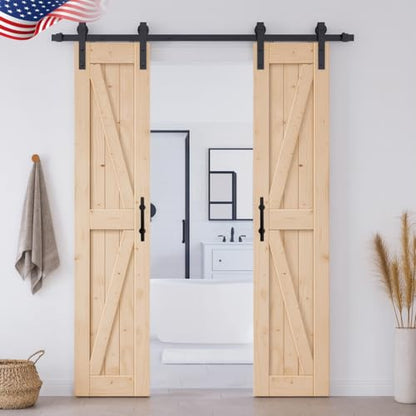 S&Z TOPHAND® 24in x 96in Unfinished British Brace Knotty Barn Door with Sliding Door Hardware Kit/Solid Wood/Sliding/Double Surfaces/A Simple Assembly is Required - size: 24x96in