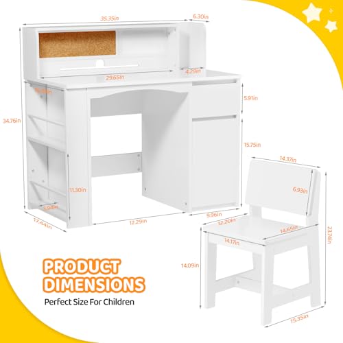 JOYMOR Kids Desk and Chair Set with Bookshelf, Kids Study Desk with Chair with Storage Cabinet, Student Writing Table for Study & Crafts, Student Computer Workstation for 5-12 Years Old, White