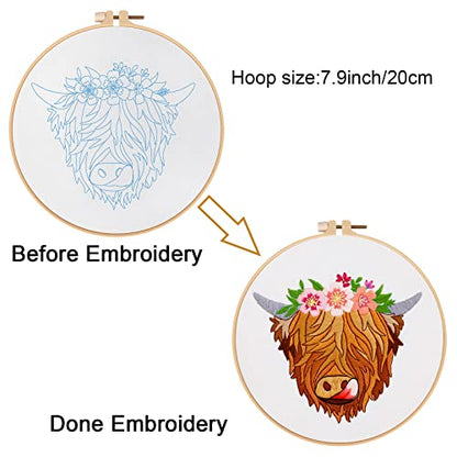 Louise Maelys Highland Cow Stamped Embroidery Kit Floral DIY Craft - color: kit-17