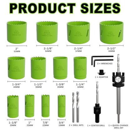 19-Piece Bi-Metal Hole Saw Kit with Quick Change Arbors in Sizes from 3/4" to 2-1/2" for Professional Wood, Thin Metal, PVC and Cutting - size: 3/4"-2-1/2"