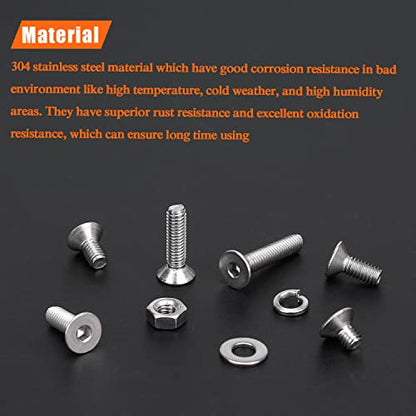 HELIFOUNER 380 Pieces M4 x 5mm /6mm /8mm /10mm /12mm /16mm /20mm, Countersunk Head Socket Cap Screws Bolts Washers Nuts Kit, 304 Stainless Steel - size: M4, style: Countersunk Head Socket Cap