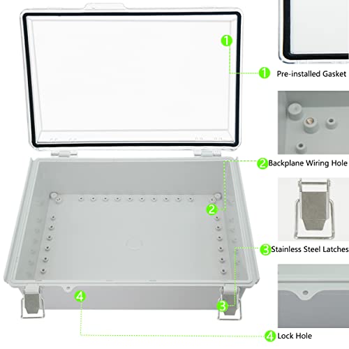 Zulkit Junction Box ABS Plastic Dustproof Waterproof IP67 Electrical Boxes Hinged Shell Outdoor Universal Project Enclosure Grey Clear Cover, Stainless Steel Buckles 15x11x5.1 Inch - size: 15"x11"x5.1" TC k