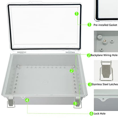 Zulkit Junction Box ABS Plastic Dustproof Waterproof IP67 Electrical Boxes Hinged Shell Outdoor Universal Project Enclosure Grey Clear Cover, Stainless Steel Buckles 15x11x5.1 Inch - size: 15"x11"x5.1" TC k