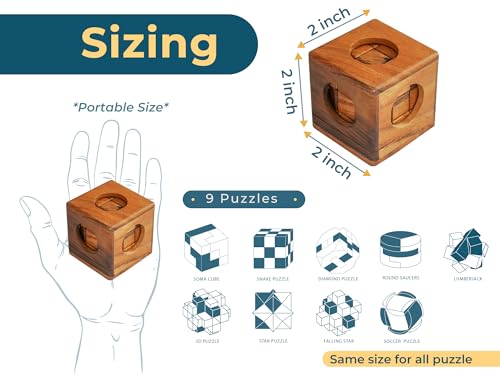 BSIRI 9 in 1 Wooden Brain Teaser Puzzles for Adults Teens Box Set Wood Hard Level 10 Impossible Mind Wood Brain Teaser Games 3D Hand Puzzle Sets for Decoration and Mini Toys - style: 9 Puzzle Set