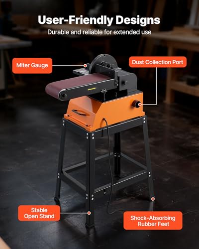 VEVOR Professional Belt Sander with Stand, 9" Disc & 6" x 48" Belt Sander Combo, 800W Sanding Machine with 0-45° Adjustable Worktable for Woodworking, Furniture Refinishing, Knife Sharpening - size: 9" Disc & 6" x 48" Belt Sander Combo