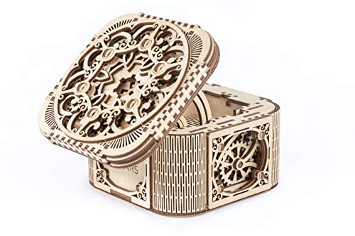 UGEARS Treasure Box w/Key (Secret Hidden Puzzle) 3D Wooden Puzzles for Adults - Wooden Model Kits for Adults Mechanical Models Difficult Puzzle Box Wooden Safe Brain Teaser, Hobby Set
