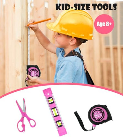 DOWELL 14 Pieces Kids Real Tools Pink Tool Set，Tool Kit with Storage Bag for Boys, Girls, Children DIY Building and Woodworking, Age 8+ - size: 14 Pcs-Pink