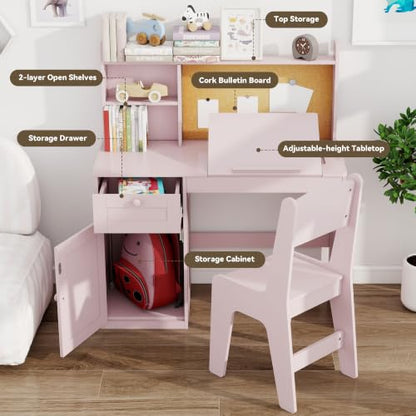 FTZxHKLX Kids Study Desk and Chair Set with 0-105° Tiltable Desktop, Pink - color: Pink, size: with Lift Up Hinge