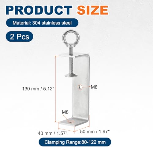 HARFINGTON 2 Pcs 304 Stainless Steel C Clamps 130mm Square Mini Tiger Clamp Adjustable Heavy Duty Metal U Clip with Eye Hook Screw for Woodworking Welding Mounting, Silver - size: 130mm