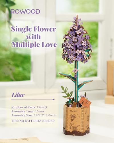 rowood 3D Puzzles for Adults,Mother's Day Wooden Artifical Flower Craft Kit,DIY Botanical Collection Building Toy Set,Valentine's Day/Thanksgiving Day/Christmas/Birthday Gift -Lilac - style: Lilac