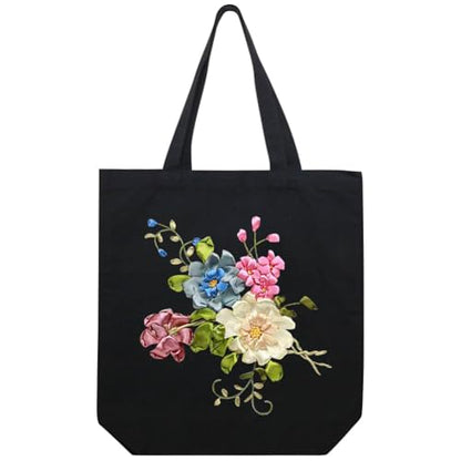 Canvas Tote Bag Silk Ribbon Embroidery Kit for Beginners Arts DIY Crafts Starter Kit Include Stamped Bag Threads Hoop - color: Color #1, Black Bag