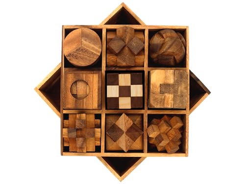 BSIRI 9 in 1 Wooden Brain Teaser Puzzles for Adults Teens Box Set Wood Hard Level 10 Impossible Mind Wood Brain Teaser Games 3D Hand Puzzle Sets for Decoration and Mini Toys - style: 9 Puzzle Set