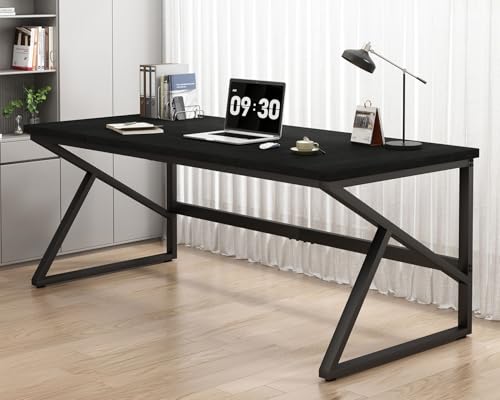 HSH 70 Inch Long Black Desk, Large Metal Wood Computer Desk for Home Office - color: Black Oak, size: 70 Inch