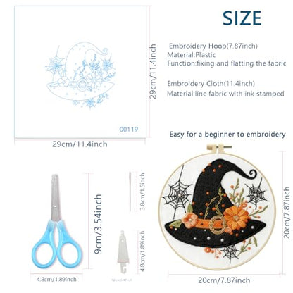 Zhenqing Halloween Witch Hat Embroidery Kit for Beginners, Black Witch Hat Needlework Kit with Pre-Printed Cotton Fabric, Hoop, Threads & Tools, Spooky Fall Decor (C0119) - style: Halloween Witch Hat