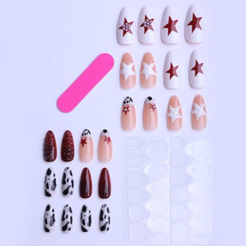Almond Press on Nails Medium Nude Fake NailLeopard Acrylic Nail Press ons Star Stick on Nails for Women 24pcs - color: Color07