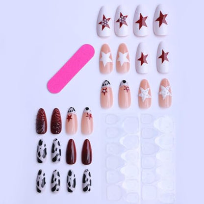 Almond Press on Nails Medium Nude Fake NailLeopard Acrylic Nail Press ons Star Stick on Nails for Women 24pcs - color: Color07