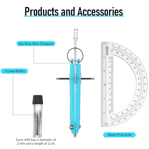 EBOOT Math Geometry Set Metal Compass 6" Clear Protractor, Sky Blue - color: Sky Blue