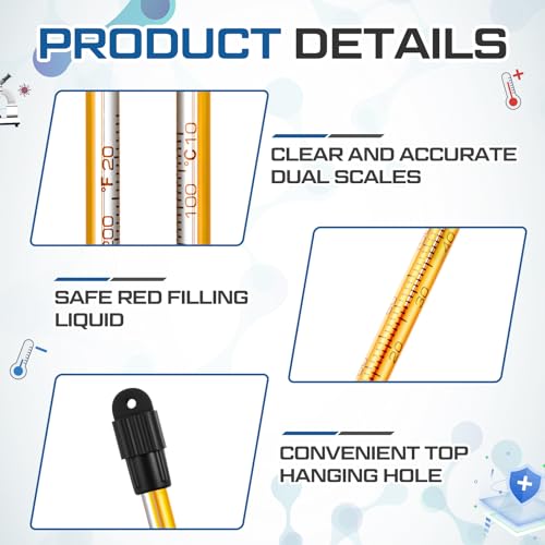 32 Pcs General Purpose Lab Thermometer, Glass, Total Immersion